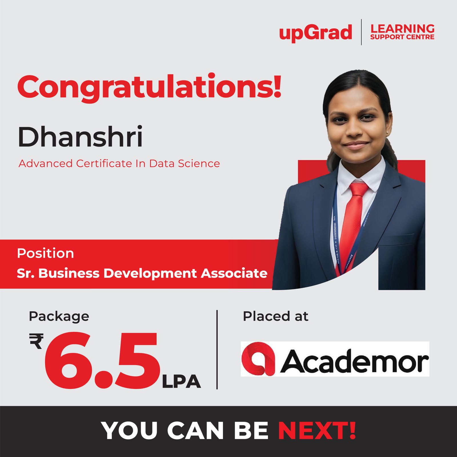 Dhanshri was placed at Academor as a Sr. Business Development Associate with a package of 6.5 LPA.